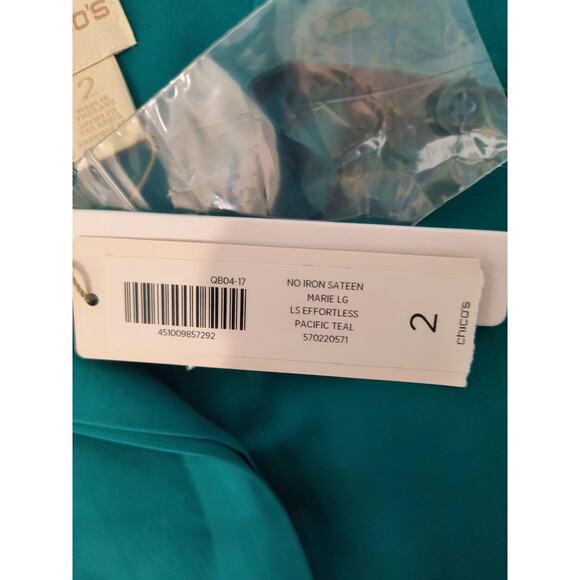 Chico's Button up Shirt Women's Sz 12 Teal Long Sleeve Collared No Iron Cotton - Picture 9 of 13